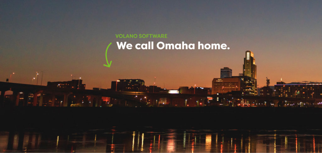 Omaha Nebraska at dusk. Visual of Volano Software we call omaha home.