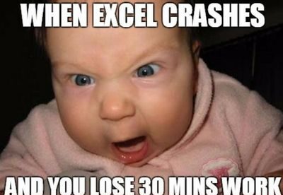 Baby is yelling at the screen because excel spreadsheet just crashed - meme.